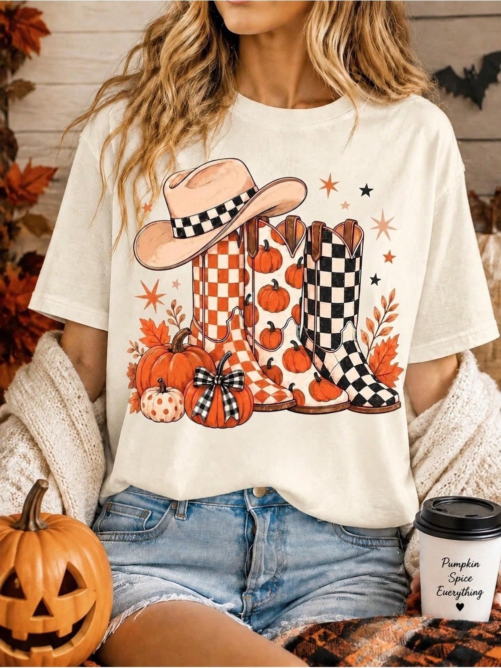 Women’s Cream Graphic Tee with Orange & Black Western Boots Design